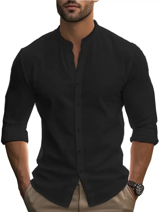 Foto: Livano linnen blouse heren t shirt polo overhemd shirt zomer ibiza stijl zwart maat l