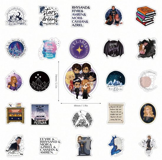 Verschillende cartoonstickers met fantasiepersonages, boeken en landschappen.