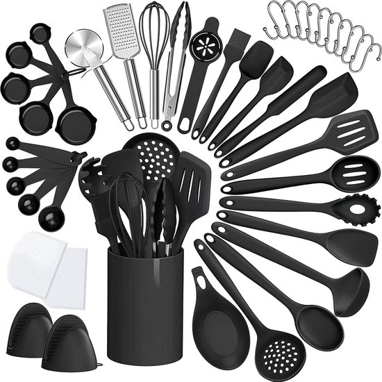 HAUSS SPOLE Keukengerei Set met Houder 43 delig – Hittebestendig Antiaanbak Veilig – Spatelset - Keukenspatel -Pannenlikker, Bakspaan, Garde, Bakkwast, Pastalepel, Schuimspaan - Voor Bakken Koken – BPA-Vrij & Plastic Vrij - Ophangbaar - Zwart