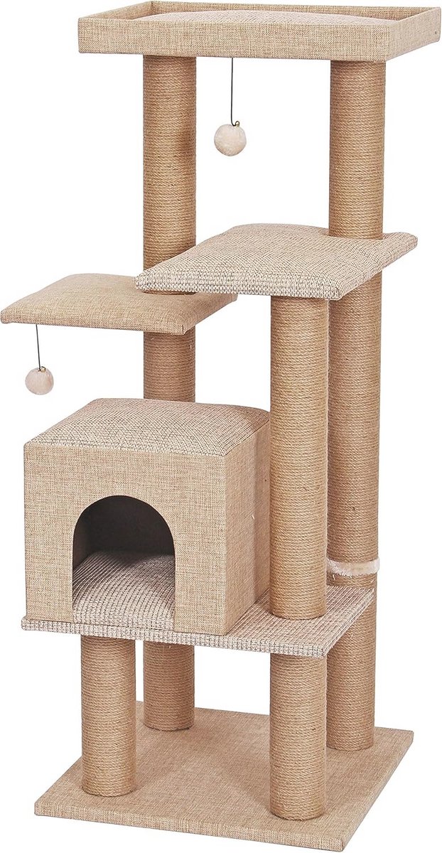 Kattenkrabpaal met Speelgoed en Mand - Natuurlijk Jute - 122 cm Hoog