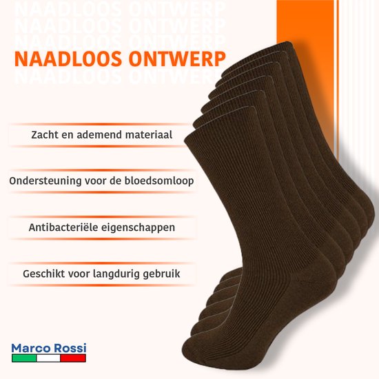 Vijf bruine, naadloze sokken van Marco Rossi met een wijde boord, zacht en ademend materiaal.