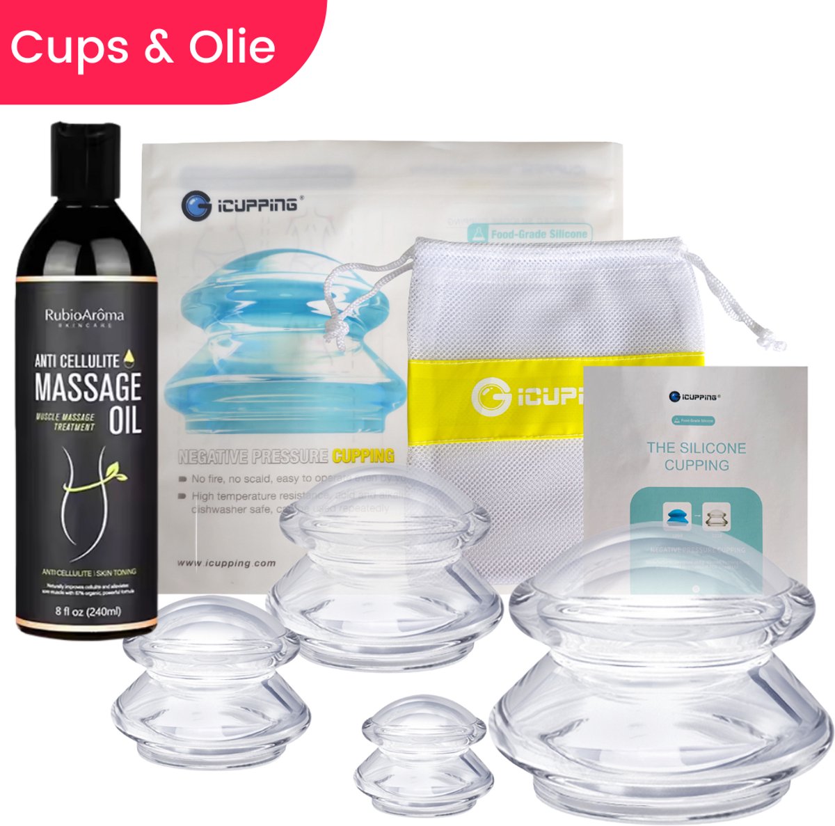iCupping Cellulite Cupping Set en Rubio Arôma Cellulitis Olie | 4 Maten | Stevige Cups | Natuurlijke Ingrediënten | Verstevigend | Therapeutisch - Cardisto (2026)
