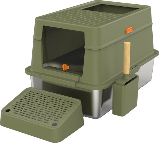 Cellavi Kattenbak RVS - Geschikt voor Grote en Kleine Katten - Incl. Kattenbakschep en Grit Opvanger - Groen - 60x40x38 cm