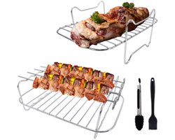 4 stuks - Airfryer Rek - Met olieborstel en klem - voor dubbele mand Airfryers - Airfryer-accessoires - geschikt voor braadoven en magnetron airfryer accessoires - 17.7*17.5cm - zilver - metaal