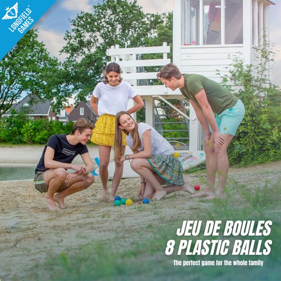 Jeu de Boules Set – 8 Kunststof Ballen – Inclusief Buts & Houder – Pétanque - Boules - Ø 69 mm – Voor Kinderen & Recreatief Gebruik – Longfield