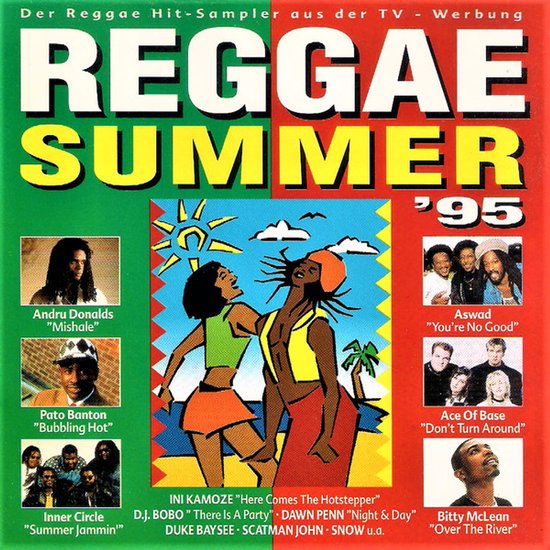 Reggae Summer '95 compilatie-album cover met illustraties en foto's van artiesten.