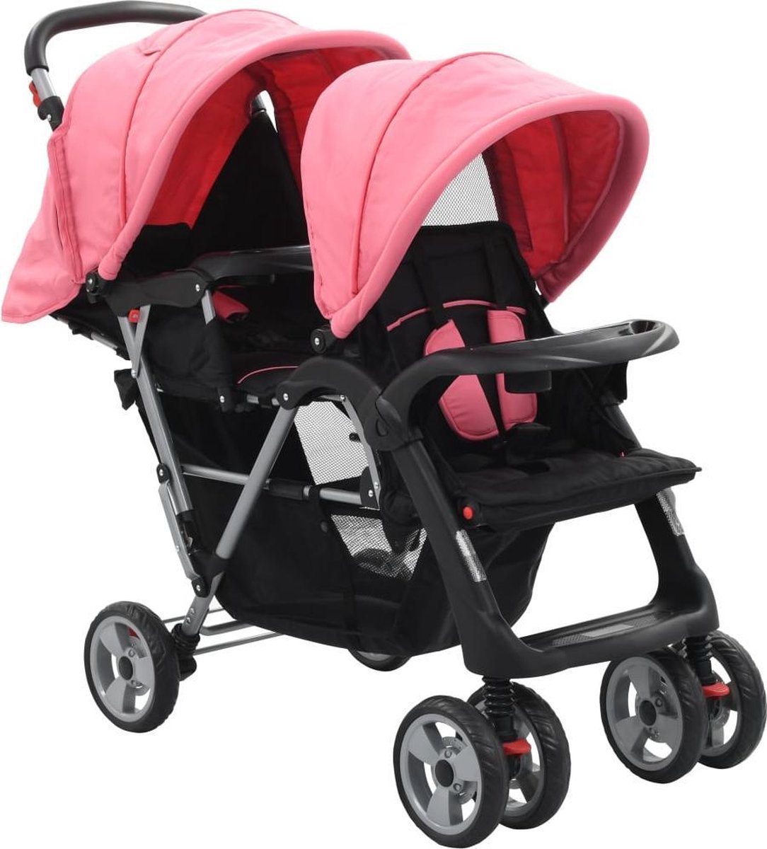 vidaXL Kinderwagen dubbel staal roze en zwart