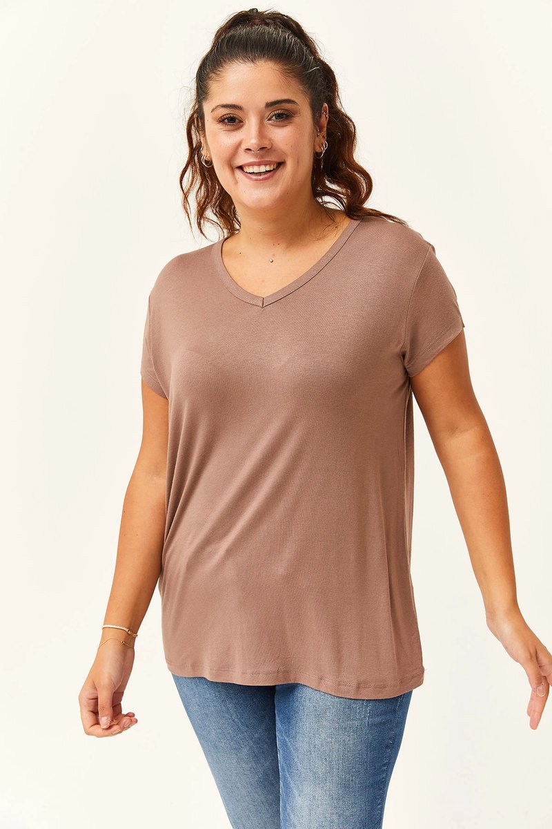 Dames V-Hals Basic Kortemouw T-Shirt Mink in Grote Maten