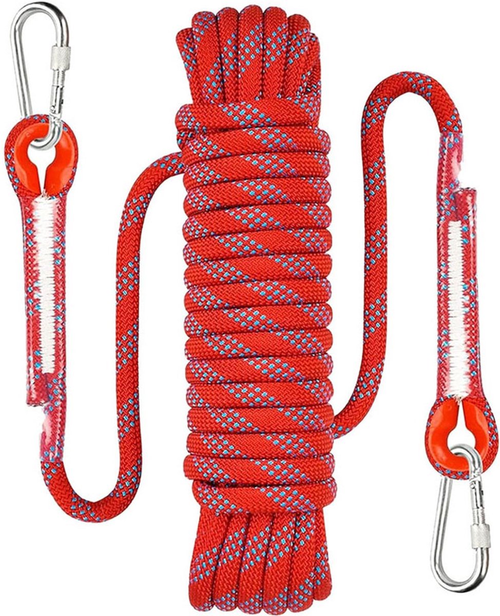 KZQ Klimtouw - Outdoor Survival Touw - 10 Mm Dikte - Inclusief Karabijnhaak - Paracord - Parachute - Parachute Koord - Kamperen - Boot - Outdoor - Slijtvast - Sterk Draagvermogen - Rood