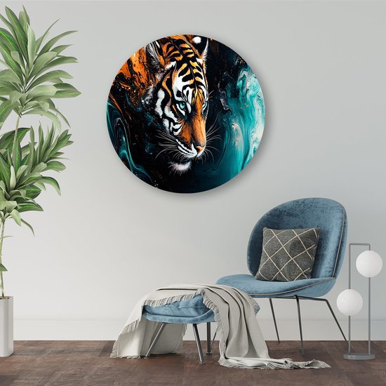 Surrealistische tijger in dynamische kleuren - Tijger muurcirkel - Wandschaal dieren - Surrealistisch - Muurcirkels op maat - Schilderij modern design - Muurcirkel aluminium 60x60 cm