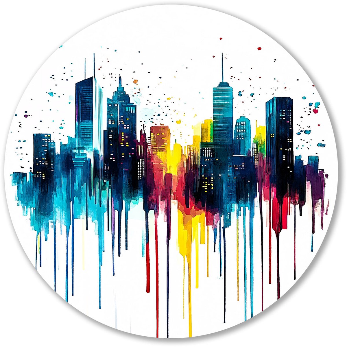 Kleurrijke skyline in abstracte verf - Skyline schilderij rond - Wandpaneel stad - Abstract expressionisme - Wandcirkel schilderij - Schilderijen klassieke stijl - Muurcirkel aluminium 70x70 cm