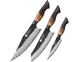 XinZuo Messenset 3-delig – X06 Mo Series – Damascus Staal – Gebrand Eiken Handvat – Professionele Keukenmessen