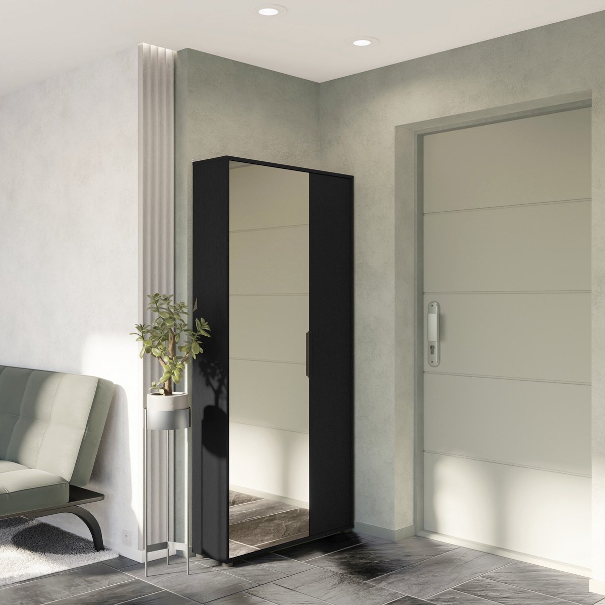 Schoenenkast Ebony 83x24x178cm - Met Spiegel - Zwart - CBA - Schoenenkast - Zwart - Melamine; Spaanplaat