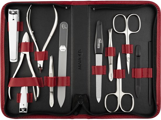 marQus Solingen Manicure & Pedicure Set | Manicureset 12-delig in Echt Leer Etui | Compleet Pedicureset voor Hand- en Voetverzorging | Pedicure Set Made in Duitsland | Pedicuresets Nagelriem Knipper, Schaar, Pincetten, Nagelvijl, Nageltang, Huidtang