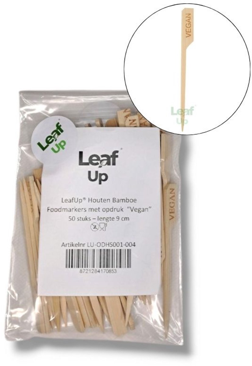 LeafUp® Foodmarkers – Bamboe Spiesjes – 50 stuks – 9 cm – Met Opdruk “Vegan” (B6)