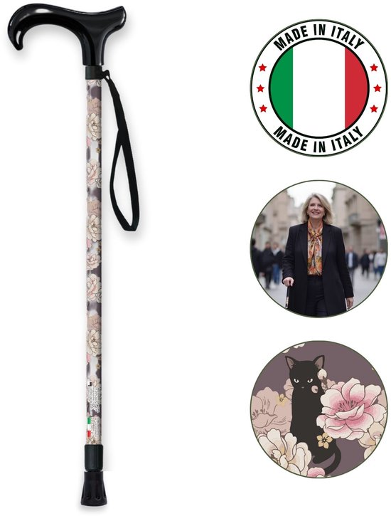 Wandelstok met zwart handvat, paarse schacht met roze bloemen en kat, met Made in Italy-logo.