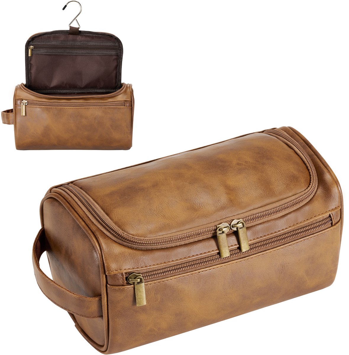 YONO Toilettas Heren - Toiletzak met Haak - Kunstleer - Travel Organizer Mannen - Bruin
