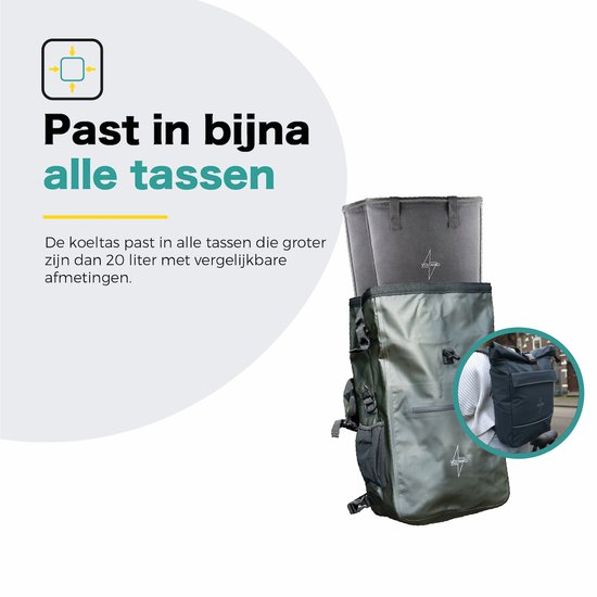 Zwarte koeltas naast een rugzak, om te laten zien dat hij in tassen past.