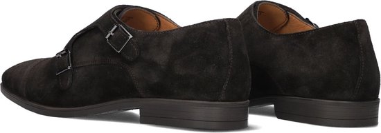 Donkerbruine suède monk schoenen, twee gespen, zicht op de zijkant en achterkant.