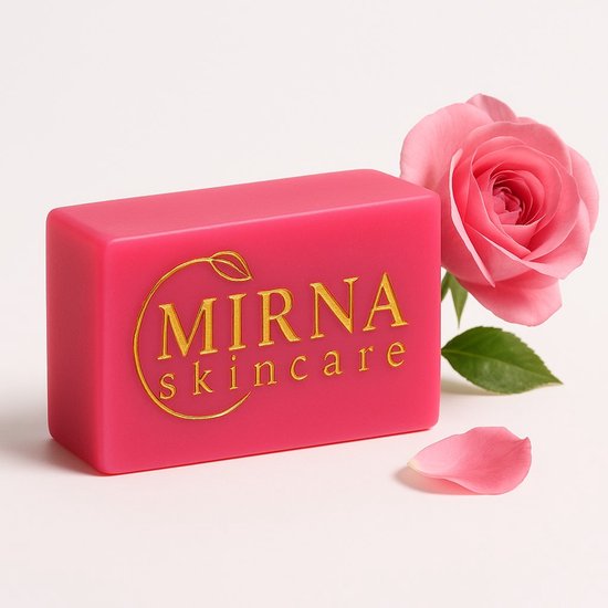 Roze Mirna Skincare zeep met de tekst 'MIRNA skincare' en een roos ernaast.
