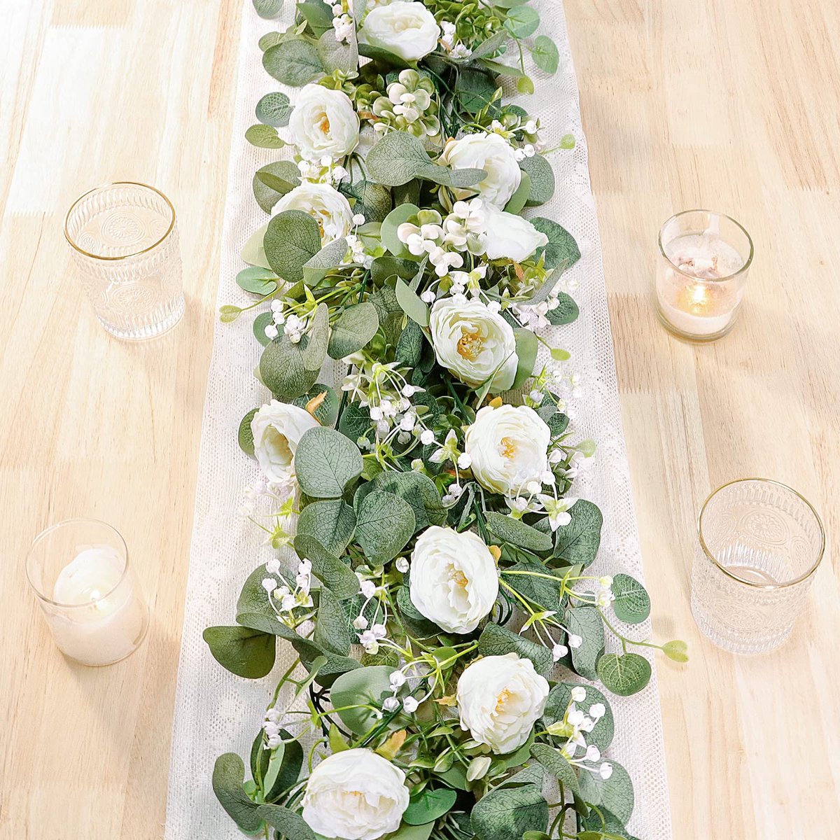 Ibenzoa Romantische Witte Kunstrozen Slingers voor Bruiloften en Feestdecoratie - Set van 2 Stuks