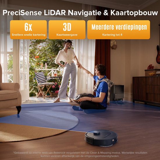 Koppel met een robotstofzuiger die dankzij PreciSense LiDAR Navigatie & Kaartopbouw 6x sneller kan karteren, 3D kaartweergave heeft en meerdere verdiepingen kan. Mannen en vrouwen in kamer.