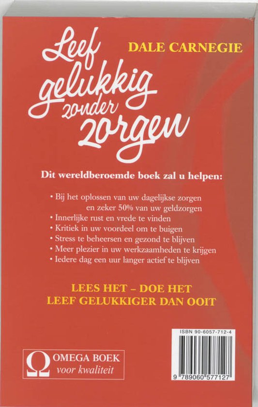Achterkant boek "Leef gelukkig zonder zorgen" door Dale Carnegie, met tekst en ISBN.