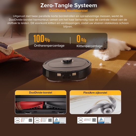 Roborock robotstofzuiger met DuoDivide hoofdborstel voor 100% ontwarring.