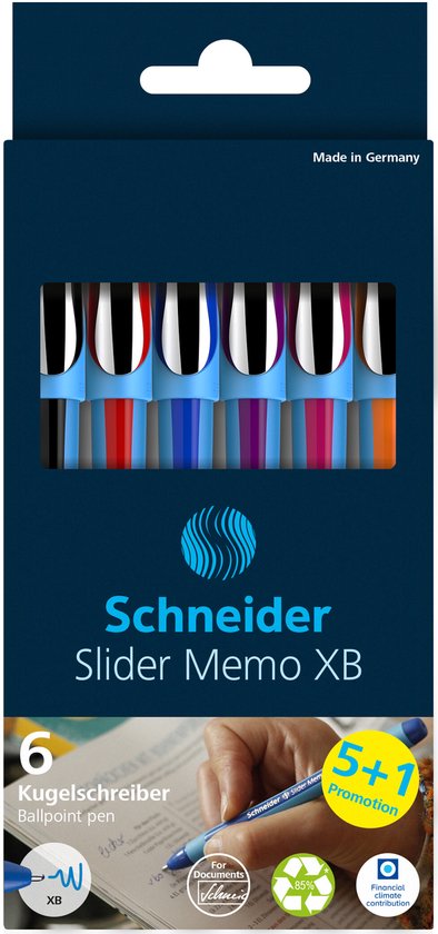 Verpakking met zes Schneider Slider Memo XB pennen in diverse kleuren, met de tekst "5+1 Promotion".
