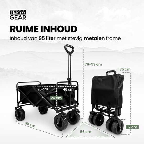 TerraGear Bolderkar opvouwbaar - Tot 150KG draagvermogen - 98L capaciteit - Dikke banden met rem - Zwart van TerraGear — afbeelding 4