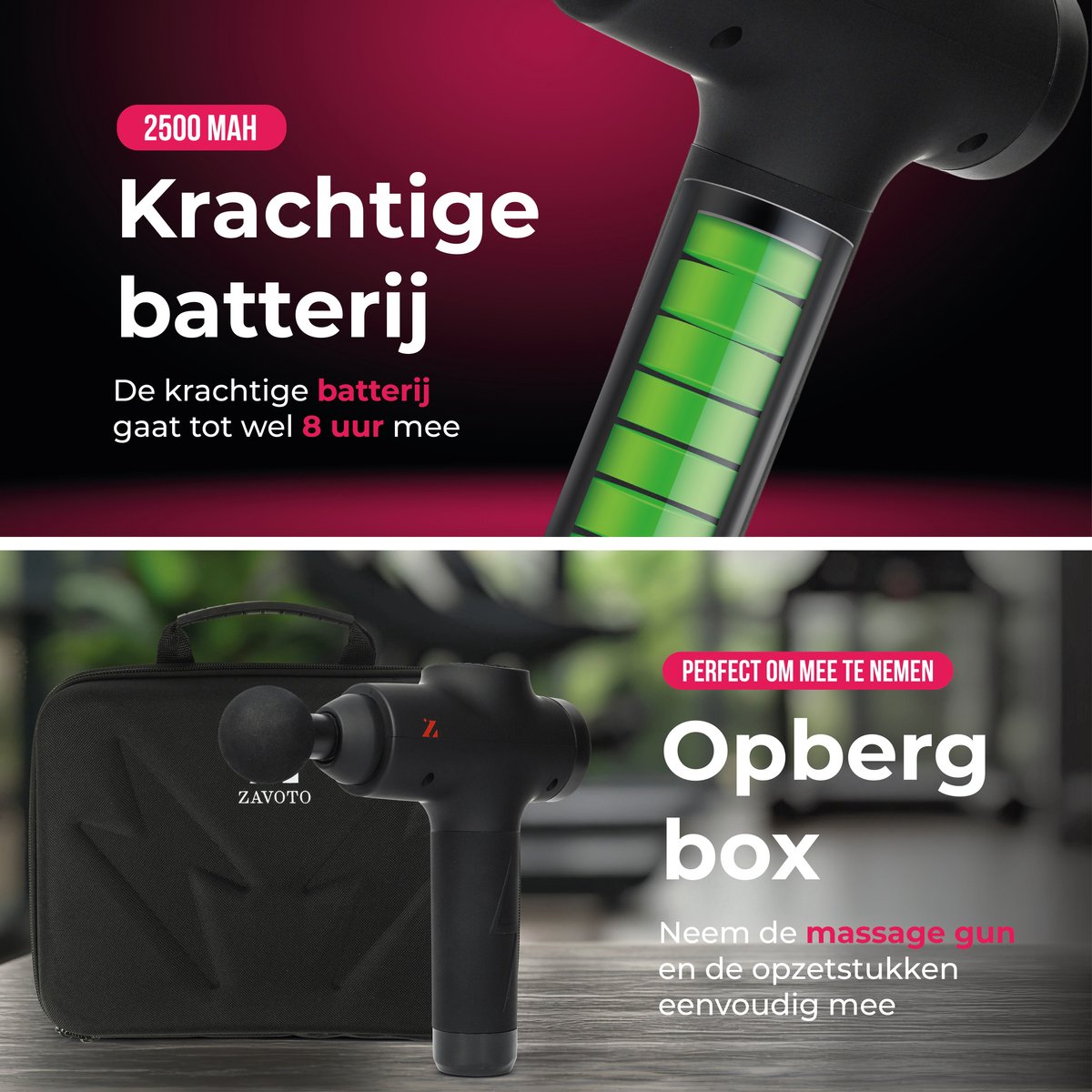 Afbeelding 2 van Zavoto - Massage-Gun - Professioneel Spiermassage Pistool - massage apparaat - 10 opzetstukken - inclusief tas - zwart