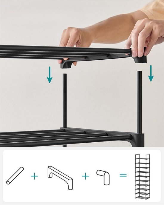 ACAZA Schoenenrek - Schoenenkast - 10 Lagen - 45 x 30 x 174 cm - Voor 20 paar schoenen - Metaal - Zwart