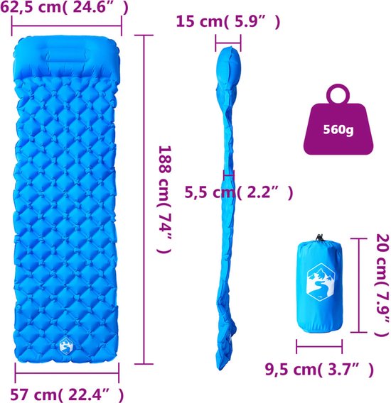 vidaXL - Kampeermatras - met - kussen - opblaasbaar - 1-persoons - blauw van Vidaxl — afbeelding 4
