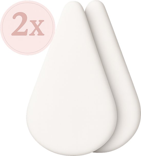 Twee witte, druppelvormige flanellen pads, met een roze cirkel met '2x'.