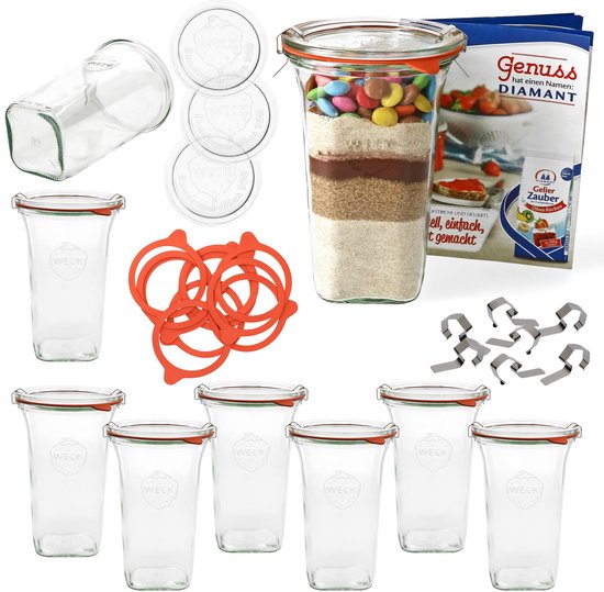 Set van 9 Weck Quentin 795 ml + 9 potdeksels + 9 inmaakringen + 18 klemmen met receptenboekje