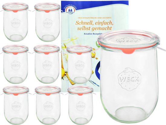 Set van 9 Weck potten 1062ml tulpenpotten, 1 liter tuimelschalen met 9 glazen deksels, 9 inmaakringen en 18 klemmen incl. geleer-magie receptenboekje van Diamantzucker