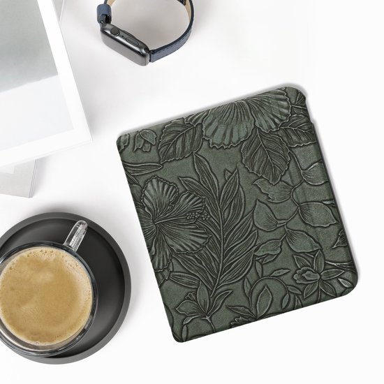 kwmobile e-reader hoesje geschikt voor Kobo Libra Colour hoes - E reader flip case met magnetische sluiting - Ereader cover - Bloemen in reliëf design in groen van Merkloos — afbeelding 2