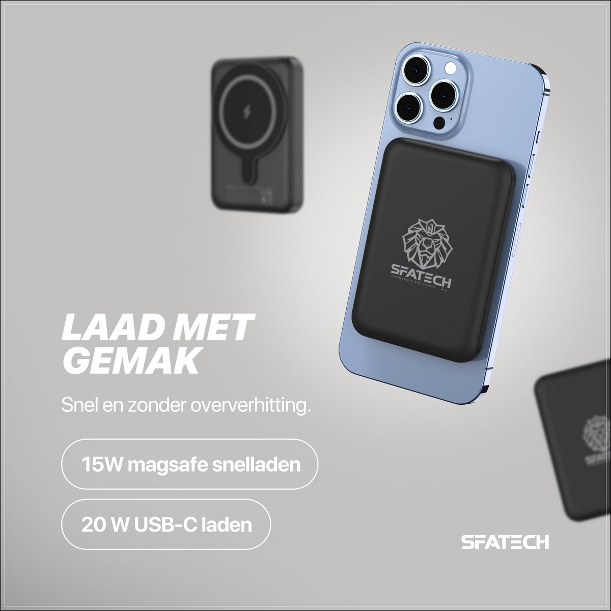 Afbeelding 3 van SFATECH MagSafe Powerbank 10.000mAh – SFT001 – 20W Snellader – MagSafe Draadloos – iPhone & Android – Compact Design– Zwart – Inclusief Beschermzakje