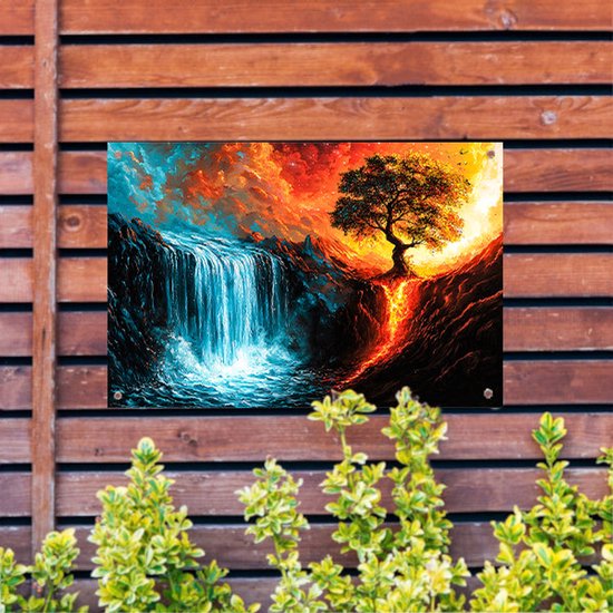 Magische waterval met vurige boom - Dualiteit tuinprints - Tuinschilderijen waterval - Surrealistisch - Weerbestendige decoratie - Wandposter voor tuin - tuinposter 45x30 cm