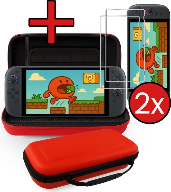 Rode draagtas, Nintendo Switch, screenprotectors en de Switch in de draagtas.