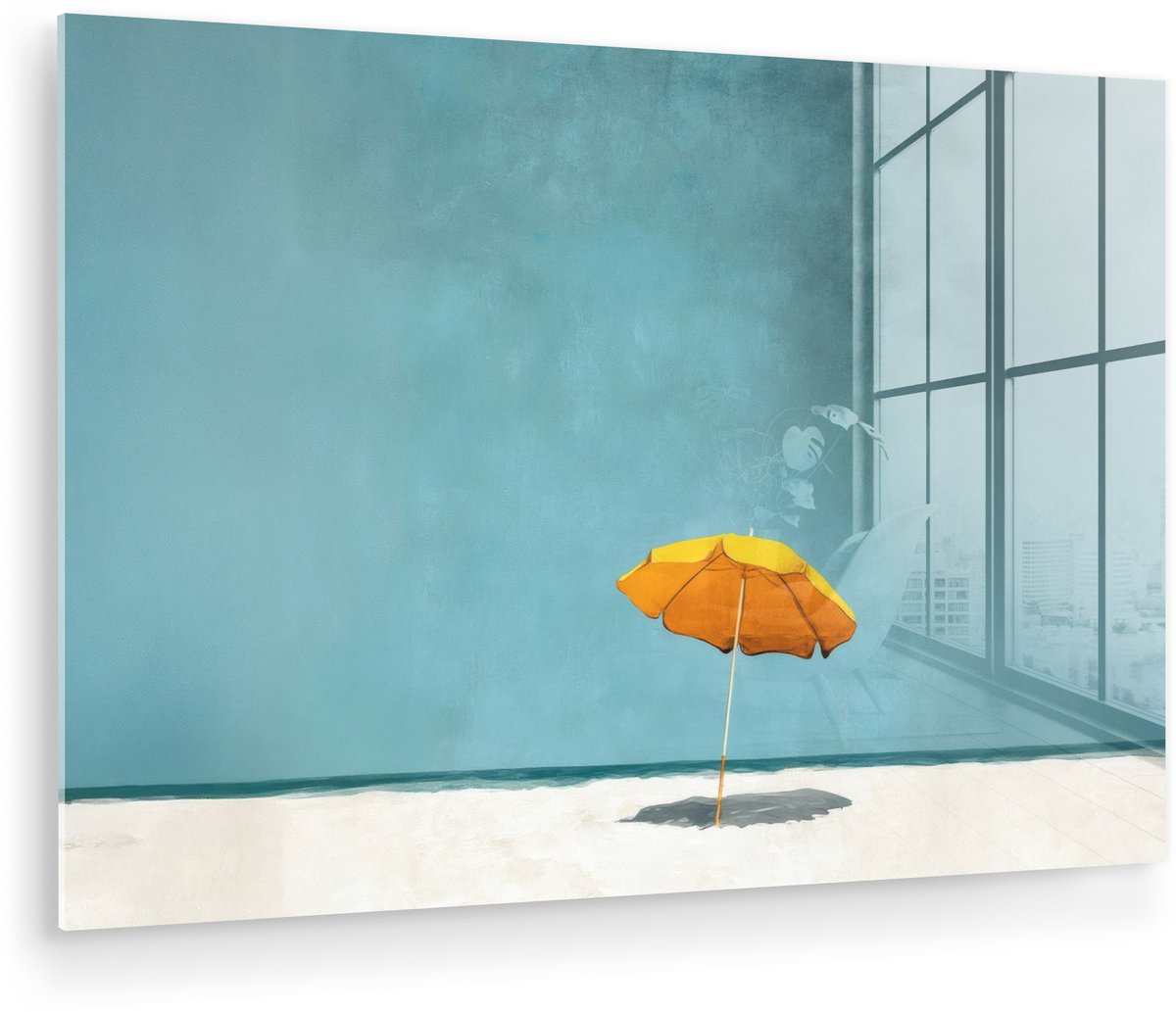 MuchoWow® Glasschilderij 60x40 cm - Schilderij acrylglas - Parasol - Geel - Strand - Zee - Foto op glas - Muurdecoratie woonkamer - Wanddecoratie slaapkamer - Schilderijen