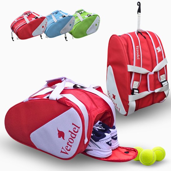 Verodel Padeltas Rood - Hoogwaardig PU Leer - Waterdicht - Met Schoenenvak en Oplaadpoort - 6 Vakken - 52L - Ophanghaak - Voor Heren & Dames