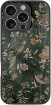 Hoesje geschikt voor Apple iPhone 16 Pro - Khaki golden flowers - Groen - TPU luxe case (glossy toplaag) - Vogel - Hardcase backcover zwart