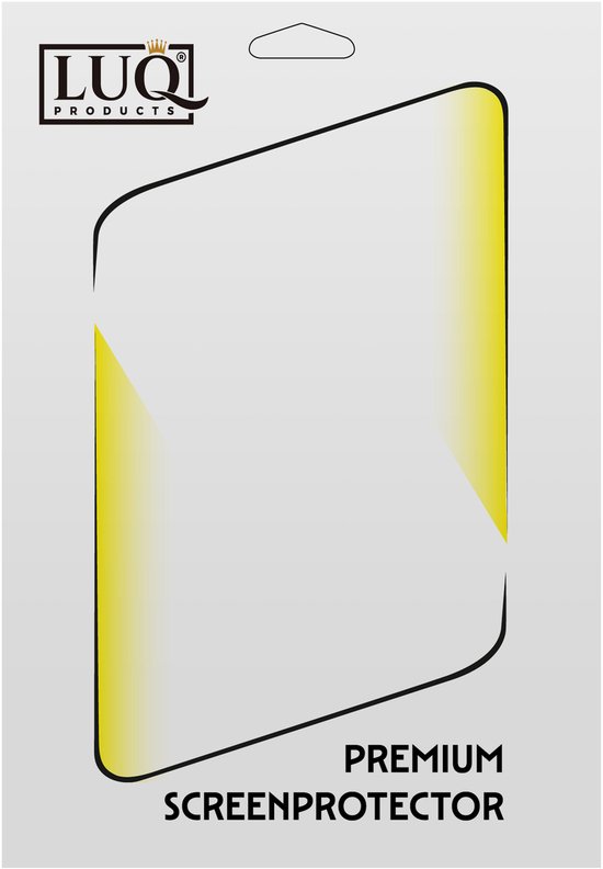 Verpakking van een LUQ 'PREMIUM SCREENPROTECTOR' met een gele en witte glanzende afbeelding.