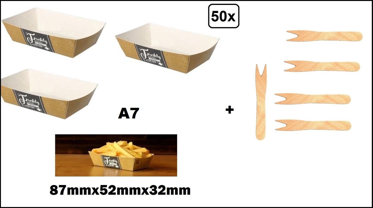 50x BIO Friet bakje karton Fresh A7 + Frietvork hout - Patat friet frites bakje snack bak