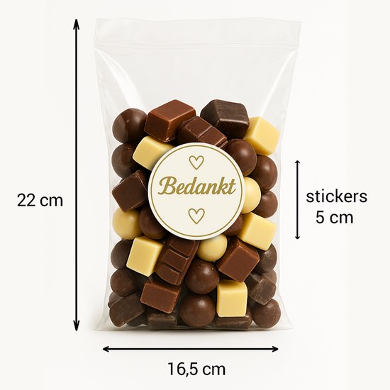 Uitdeelzakjes Bedankt - 50 stuks - met handige Plakstrip - inclusief Bedankt Stickers Goud - Afmeting 16.5 x 22 cm - Plastic Zakjes - Cellofaanzakjes - Cadeauzakjes - Traktatie Zakjes - Uitdeelzakje voor Feest