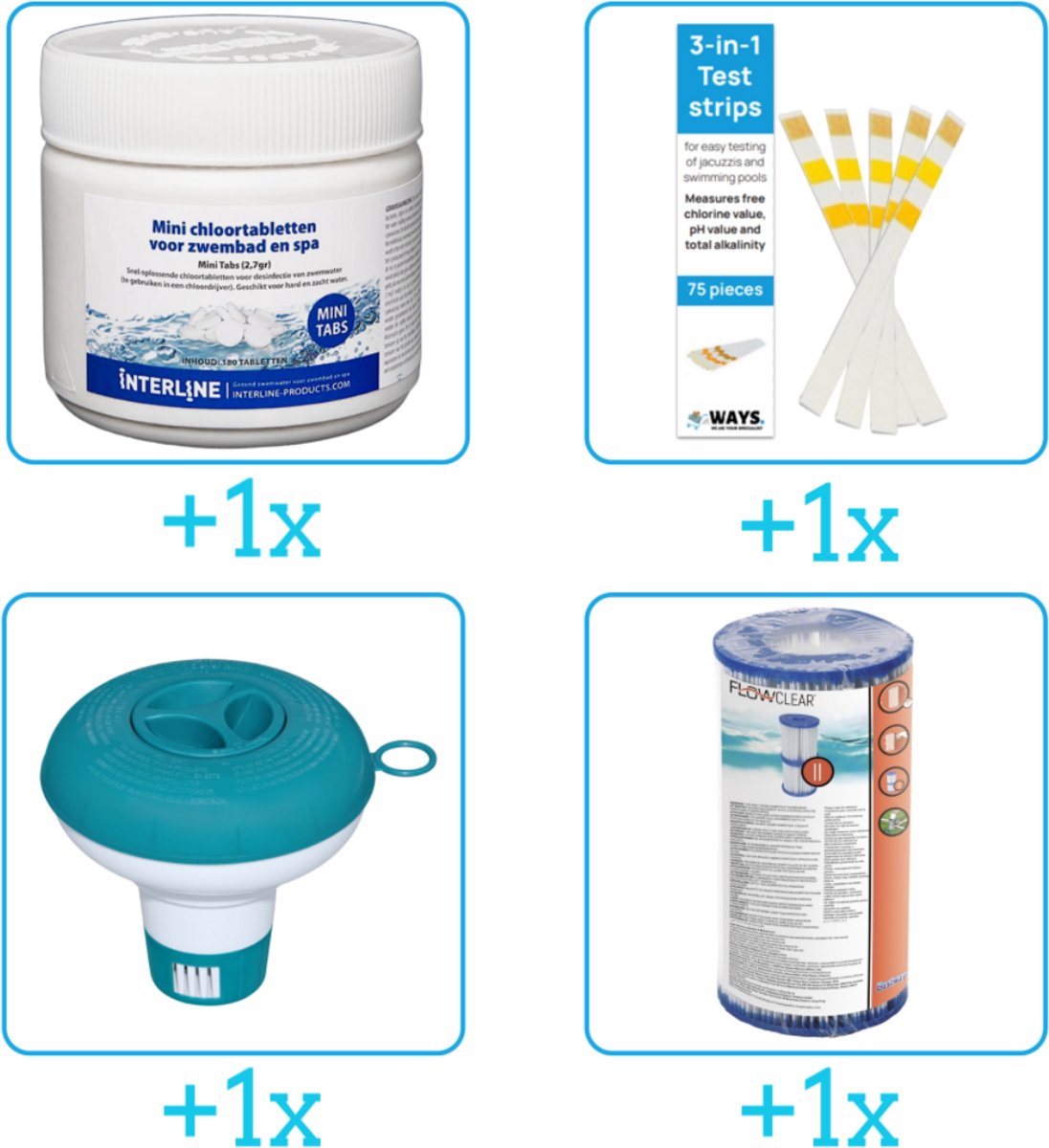Zwembad Onderhoudsset – Startersset bevat Chloor – Testrips – Chloordrijver en Filter – Interline Onderhoud Starterspakket – Voor zwembaden en Spa’s – Voor kleinere zwembaden tot 2500 liter (4-delig) Zwembad Onderhoudsset – Startersset bevat Chloor – Testrips – Chloordrijver en Filter – Interline Onderhoud Starterspakket – Voor zwembaden en Spa’s – Voor kleinere zwembaden tot 2500 liter (4-delig)