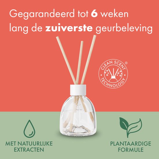 Glazen diffuser met houten stokjes, op een groene en rode achtergrond met teksten over natuurlijke extracten.