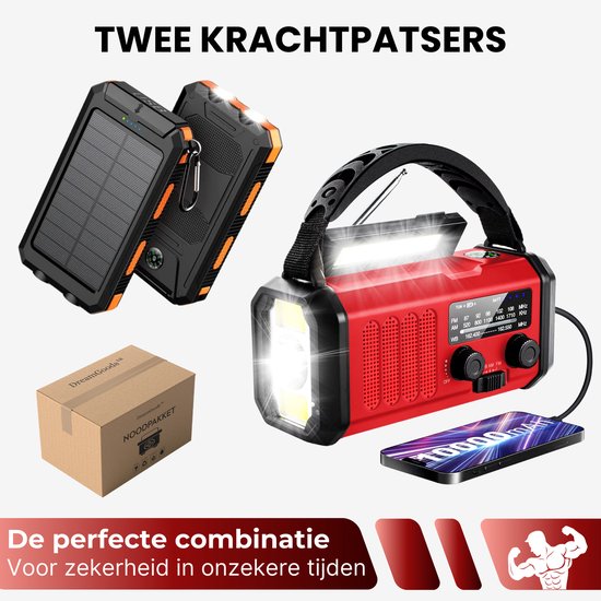 Rode noodradio met zaklamp en een zwarte powerbank op zonne-energie.