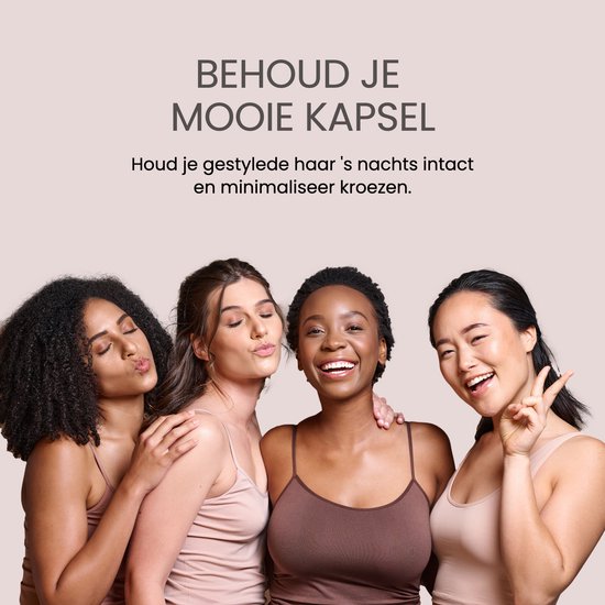Vier vrouwen met verschillende haartypes en huidskleuren, die hun kapsel tonen. Tekst: 'Behoud je mooie kapsel'.